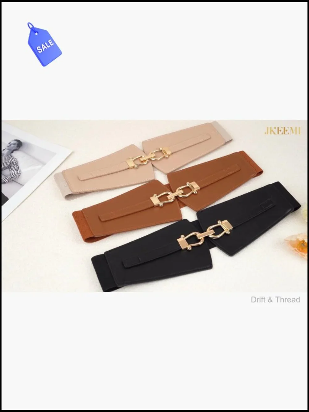 Wide Stretch Belt with Gold Buckle for Dresses Coats Waist
